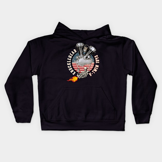 1943 HD Knucklehead VTwin Flame Farting Motorcycle Americana Kids Hoodie by The Dirty Gringo